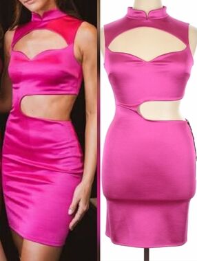 Deity NY Bright Pink Cutout Sweetheart Mandarin Collar Mini Dess Size 14 NWT